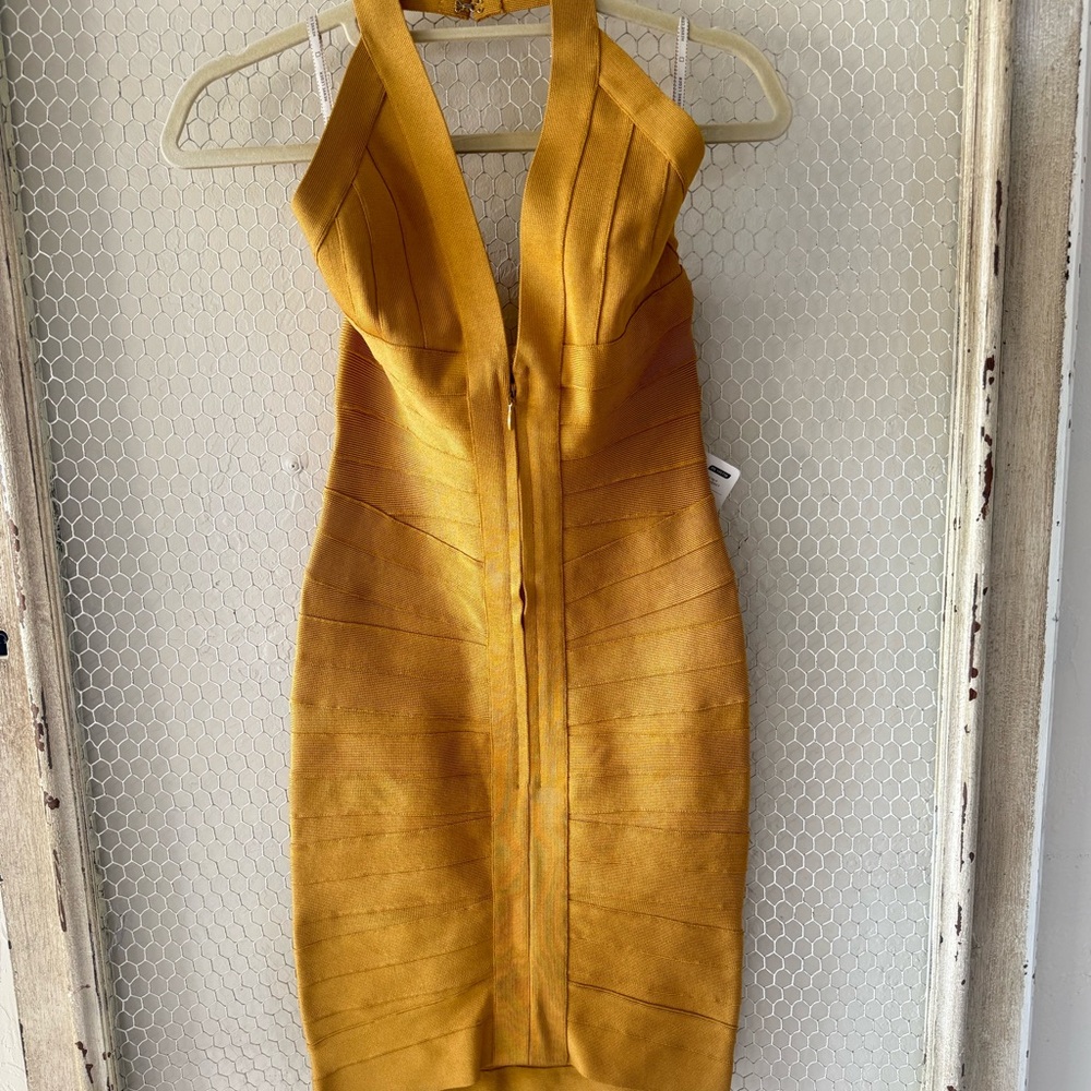 Herve Leger Halter Dress Yellow Gold zipper front